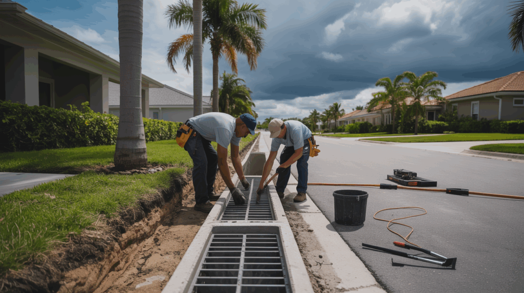 Flood Safe Solution team performing exterior drainage channel installation in St. Petersburg, FL home