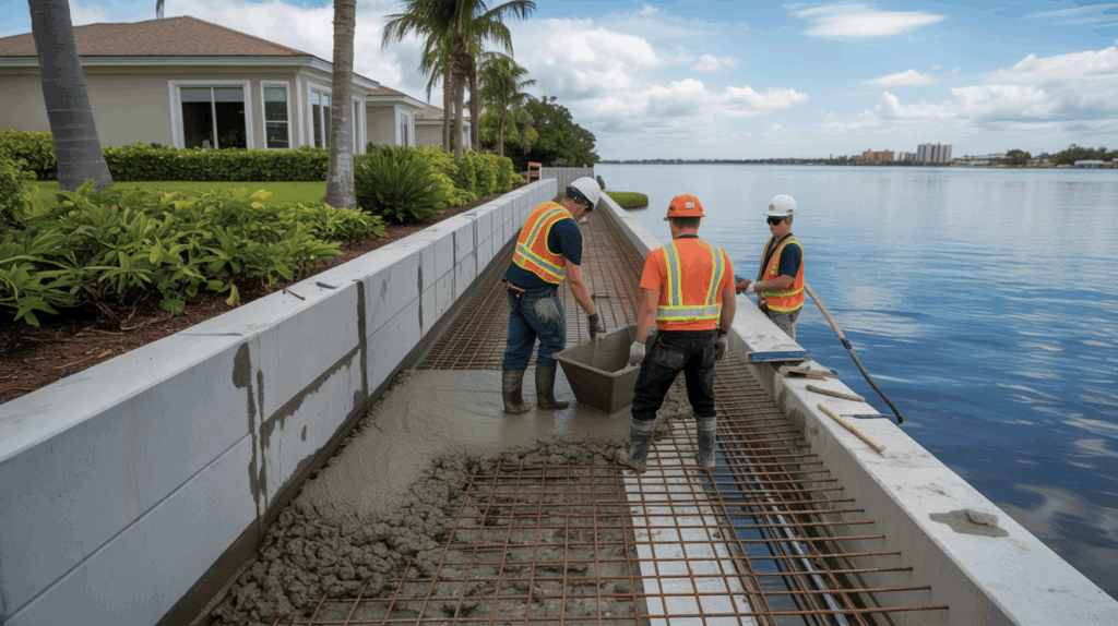Flood Safe Solution installing a concrete masonry flood wall in St. Petersburg, FL to protect against storm surge