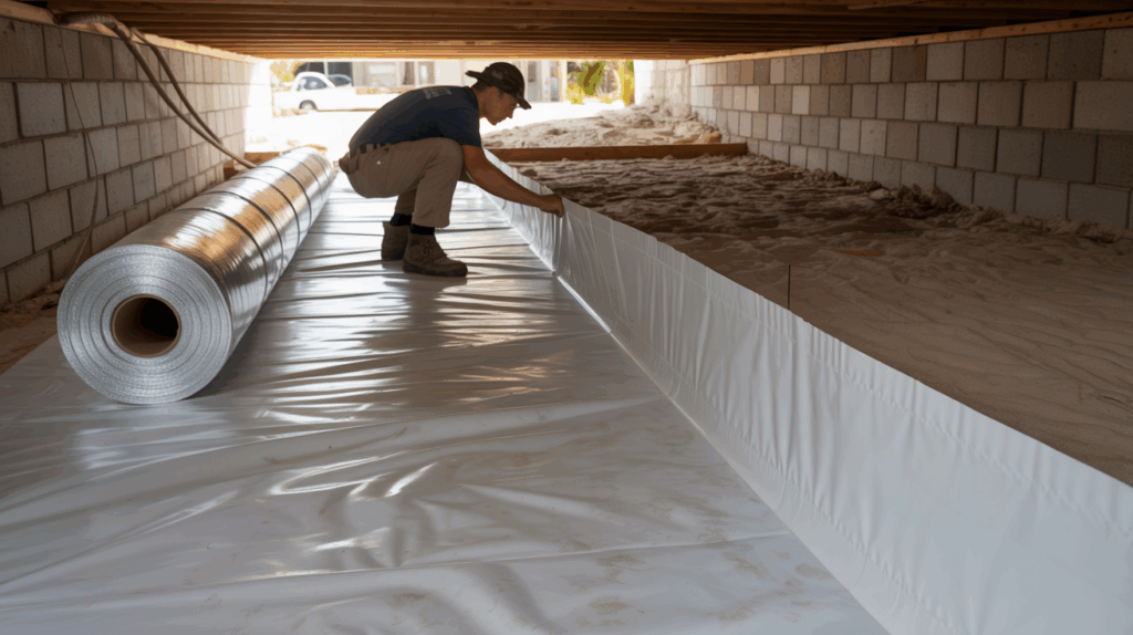 Crawl space encapsulation being performed in a St. Petersburg, FL home to prevent flood and moisture damage