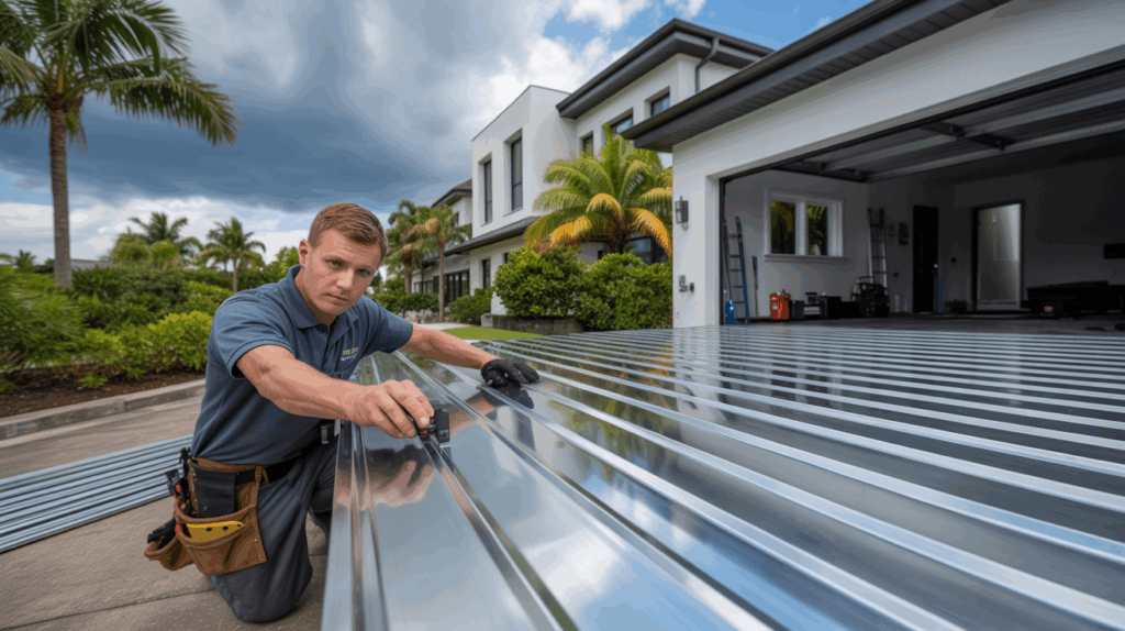 Garage door flood barrier installation in St. Petersburg, FL by Flood Safe Solution technician