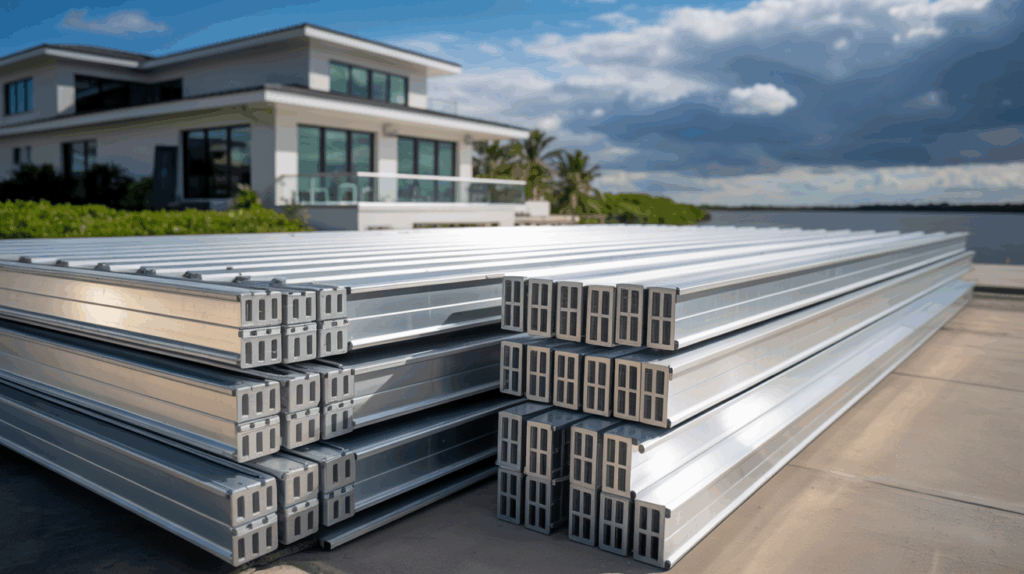 Aluminum flood barrier panels displayed near a coastal home in St. Petersburg FL