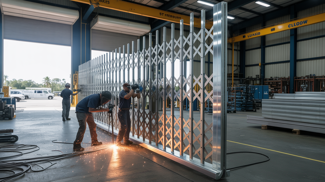 Custom fabricated aluminum flood gate being assembled in a workshop in St. Petersburg FL