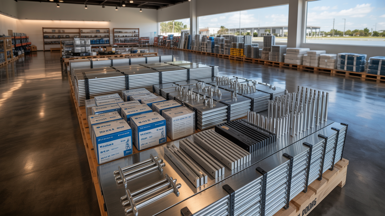 Flood protection building materials including aluminum panels and drainage kits in St. Petersburg FL warehouse
