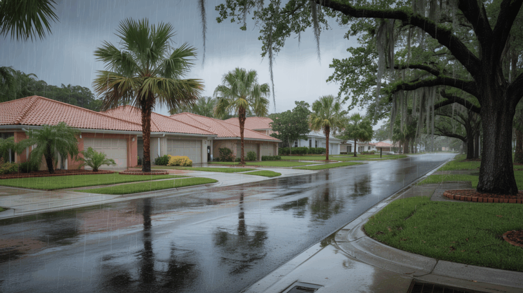 Palm Harbor FL residential neighborhood with water pooling near driveways