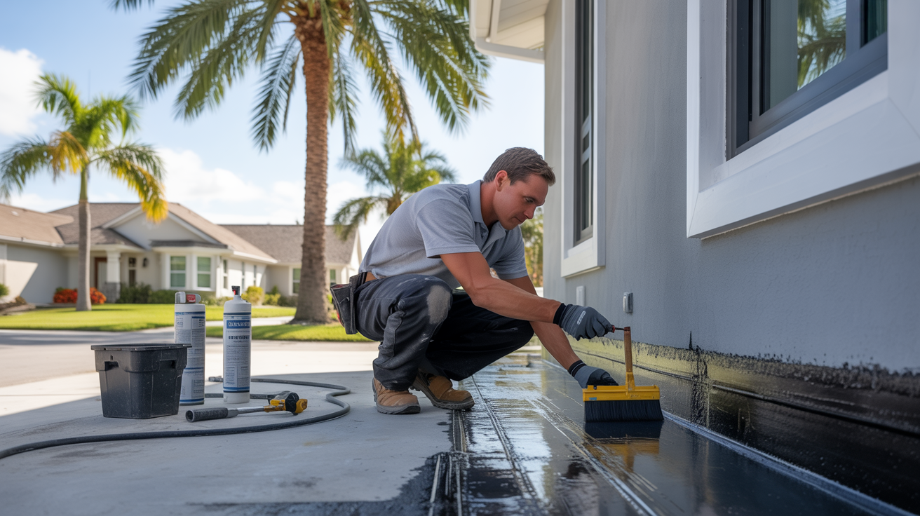 Technician waterproofing a Palm Harbor FL home foundation