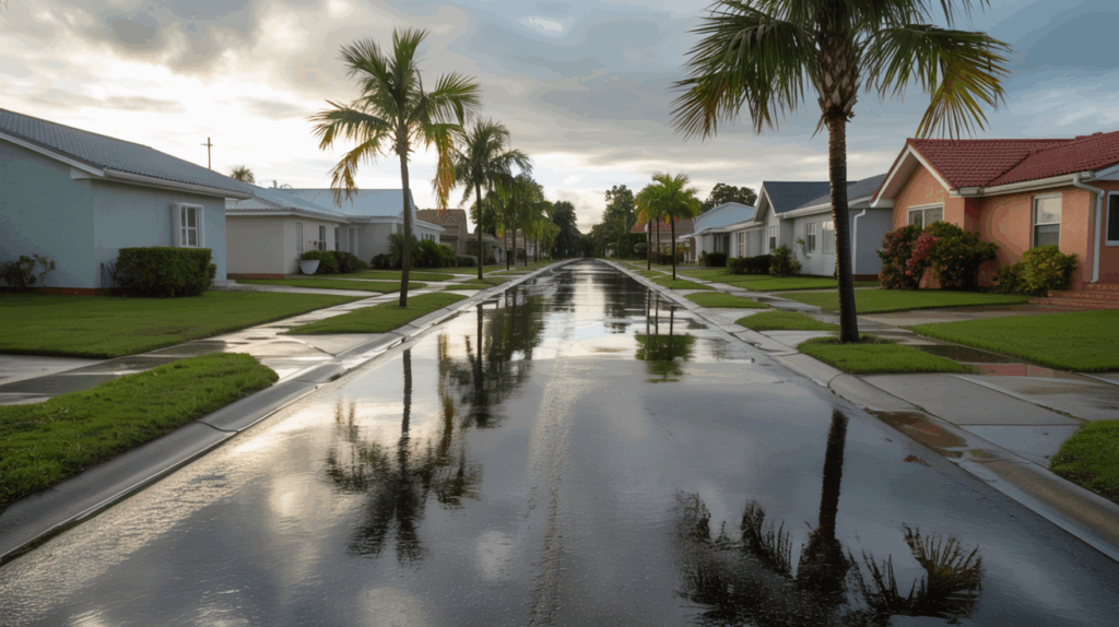 Pinellas Park FL residential street with mild standing water after rainfall