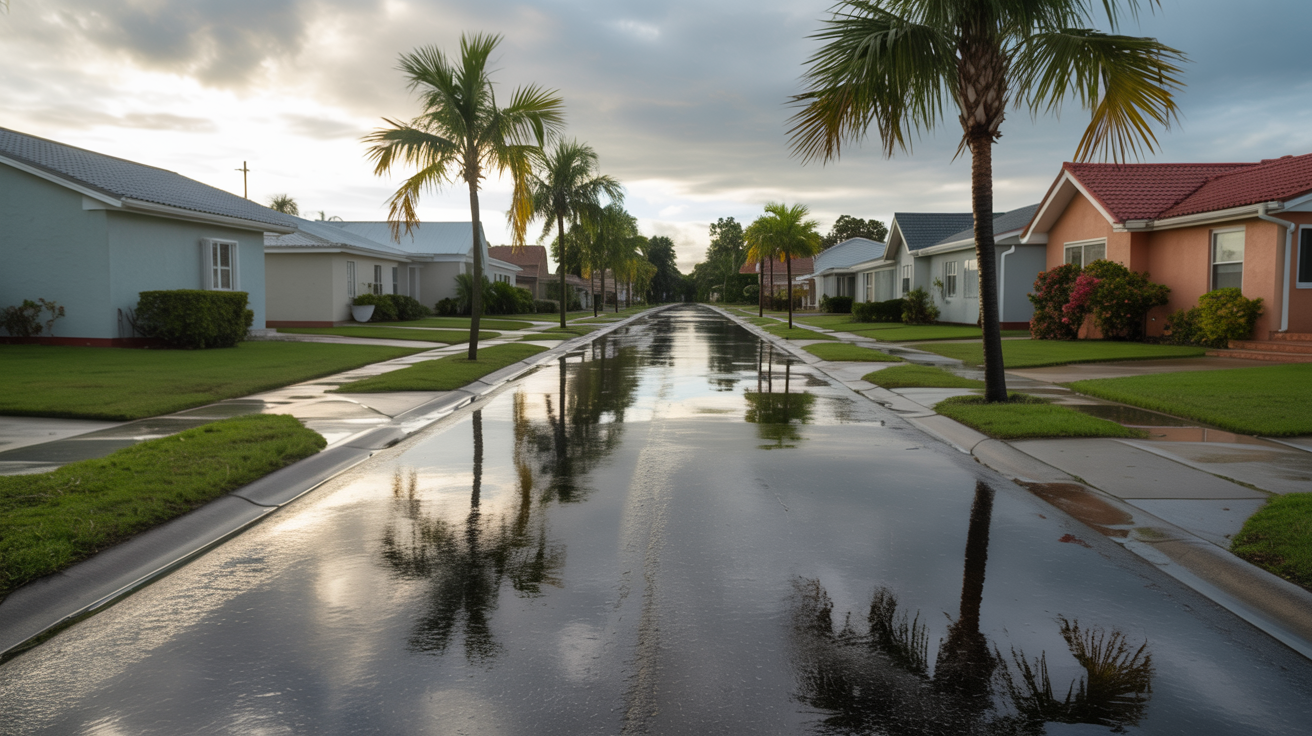 Pinellas Park FL residential street with mild standing water after rainfall