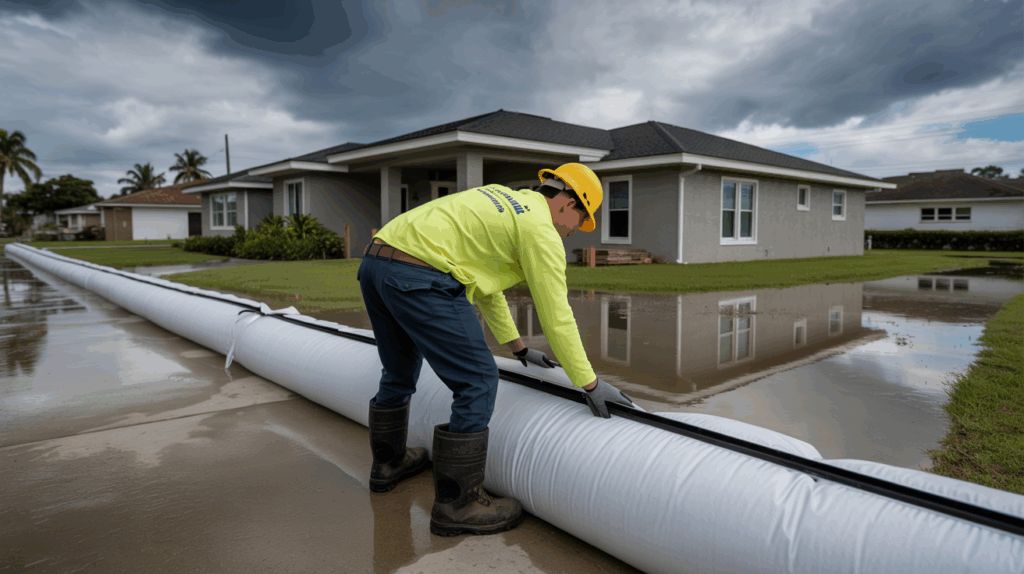Technician installing a flood barrier on a Pinellas Park home