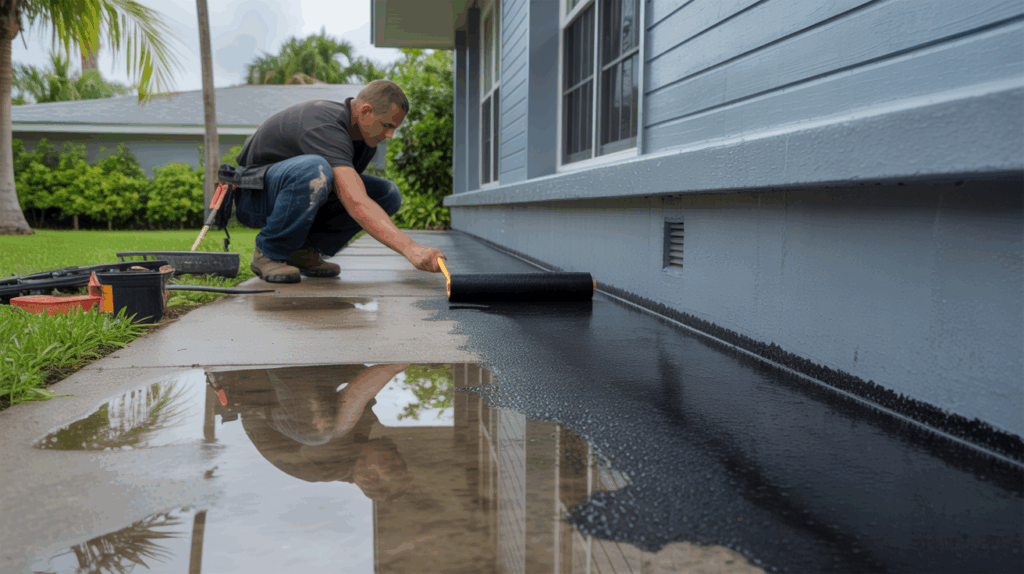 Technician waterproofing foundation at Pinellas Park home