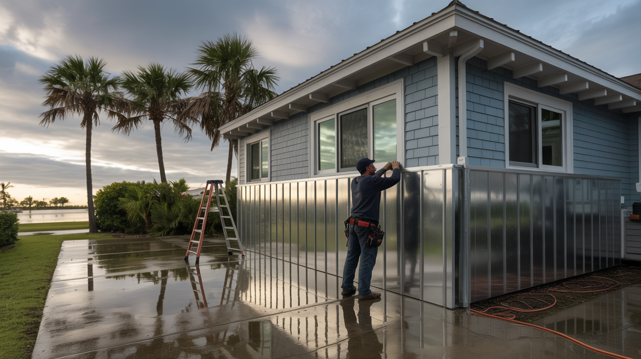 Technician installing flood barrier panels on a St. Petersburg FL home