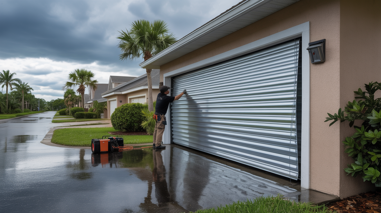 Technician installing a flood barrier panel at a Tampa FL home