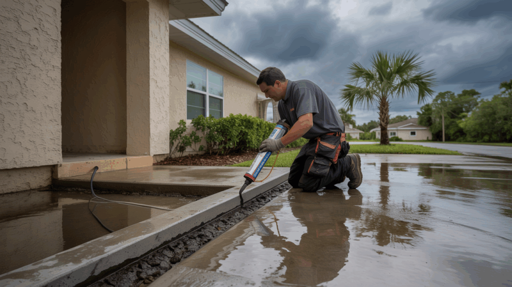 Technician waterproofing and installing drainage at a Tampa home