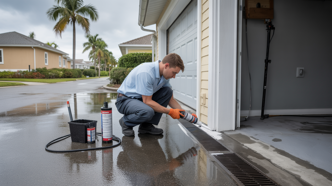Technician performing exterior waterproofing work at a home in St. Petersburg FL