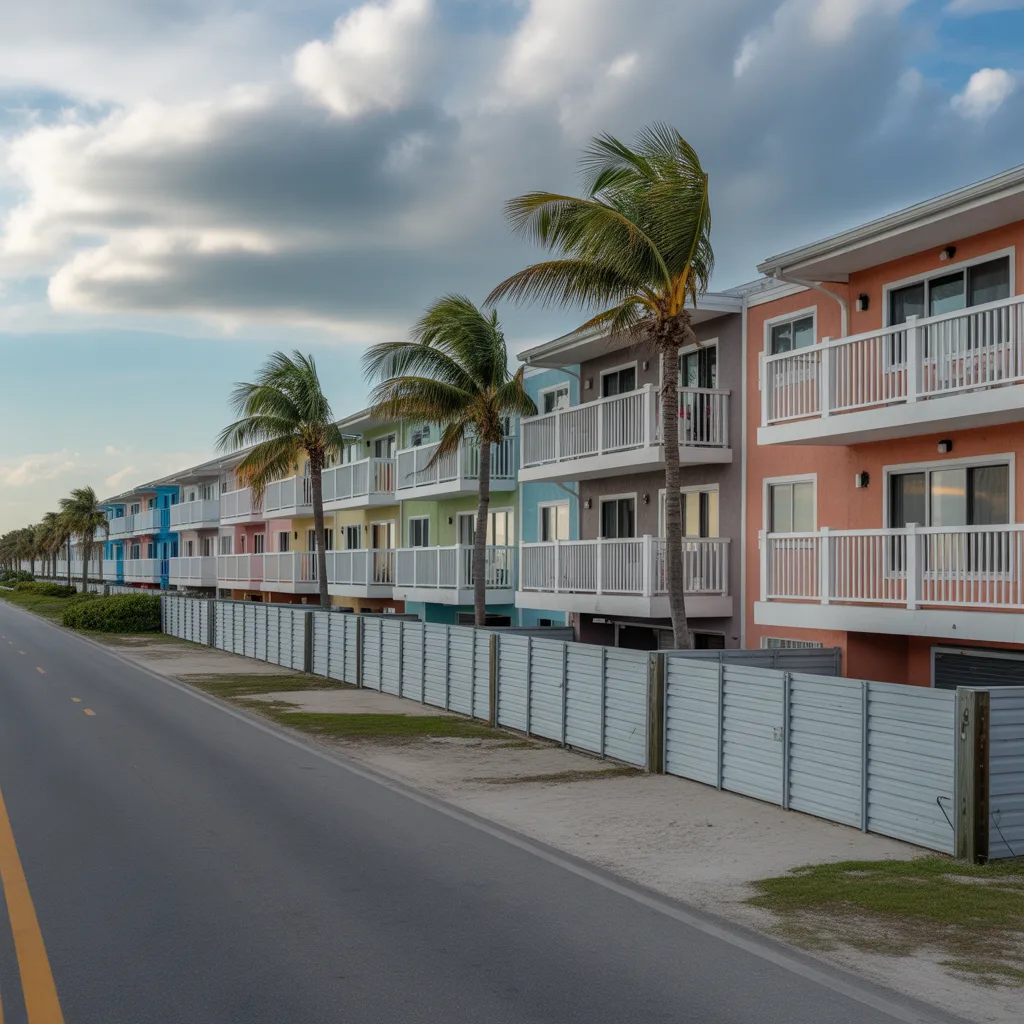 Flood barrier installers near Indian Shores condos installing aluminum flood protection panels